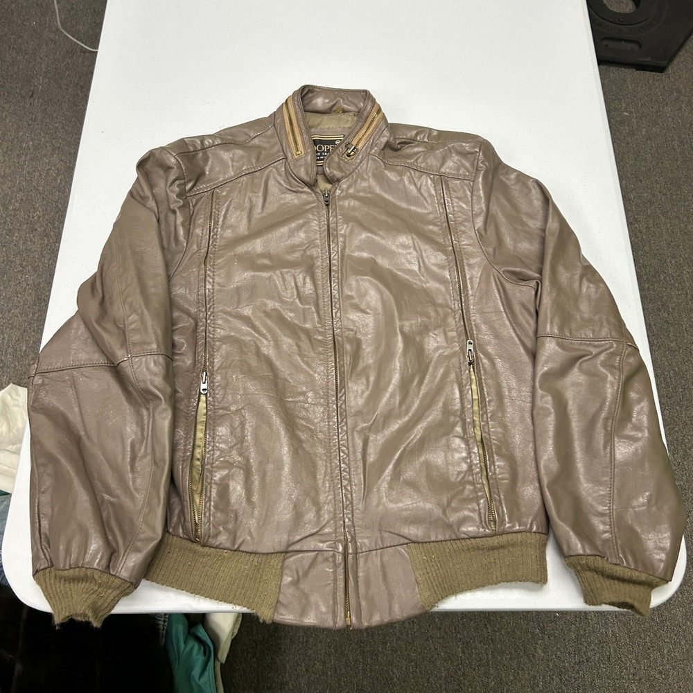 Cooper Leather Bomber Jacket Mens M Taupe Cafe Racer Moto Full Zip Vintage
